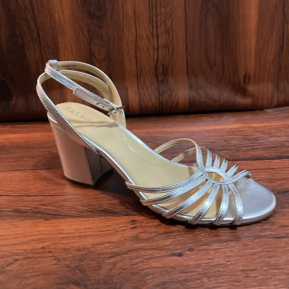 Talbots Block Heel Sandals Womens 8.5 Silver Metallic Strappy Evening Shoes